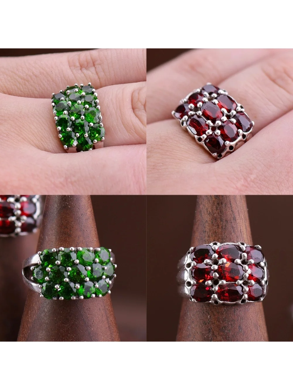 Two Sterling Cluster Statement Rings Deep Red Garnet & Forest Green Diopside 7